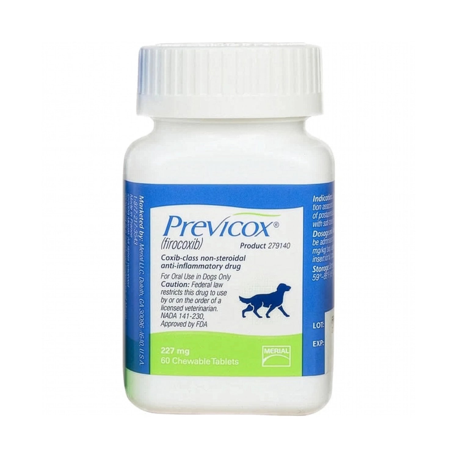 Caja veterinaria Previcox 227 mg con 60 comprimidos masticables, antiinflamatorio para perros con diseño azul y verde.
