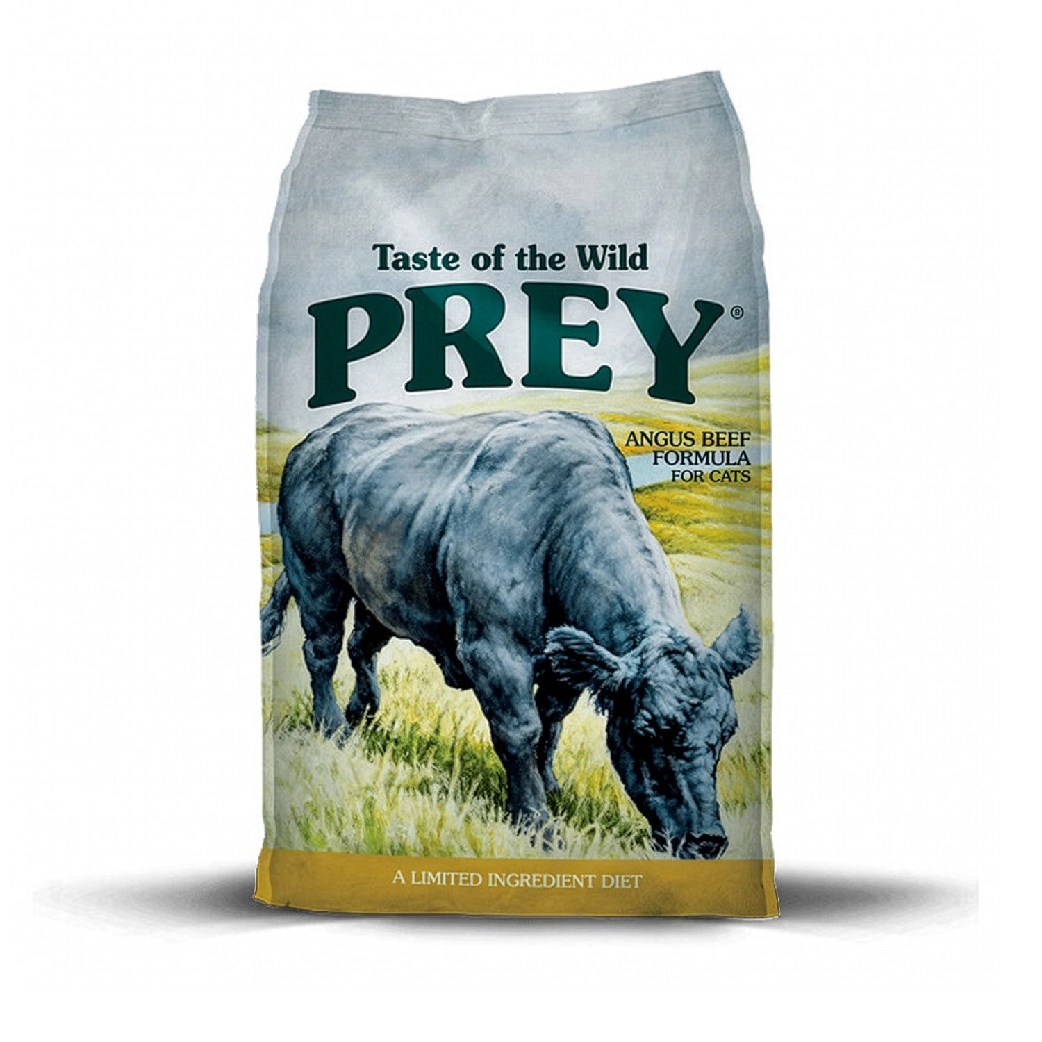 Taste of the Wild Prey Angus para Gatos en bolsa original con ilustración de un bovino Angus, alimento seco de ingredientes limitados.