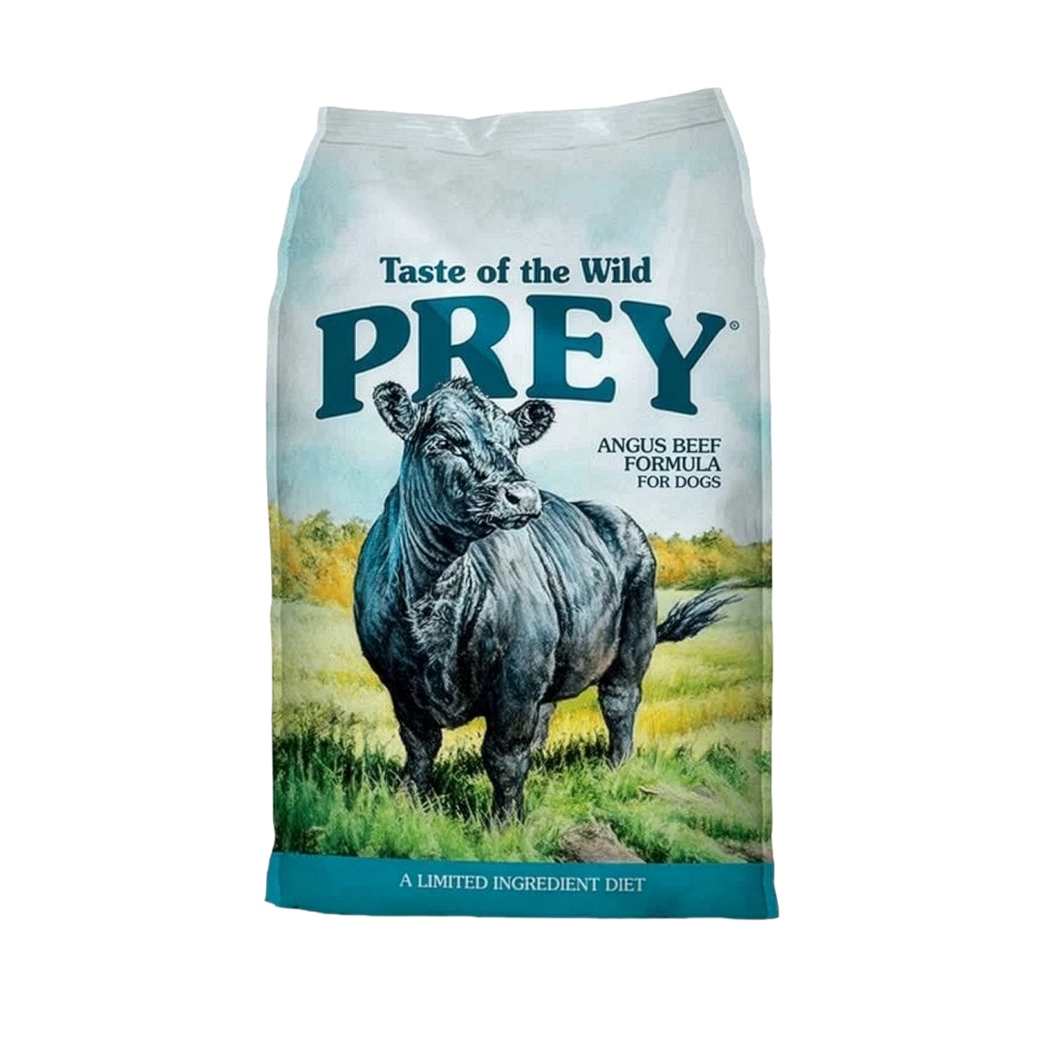 Taste of the Wild Prey Angus para Perros en bolsa original con ilustración de un bovino Angus, alimento seco con ingredientes limitados.