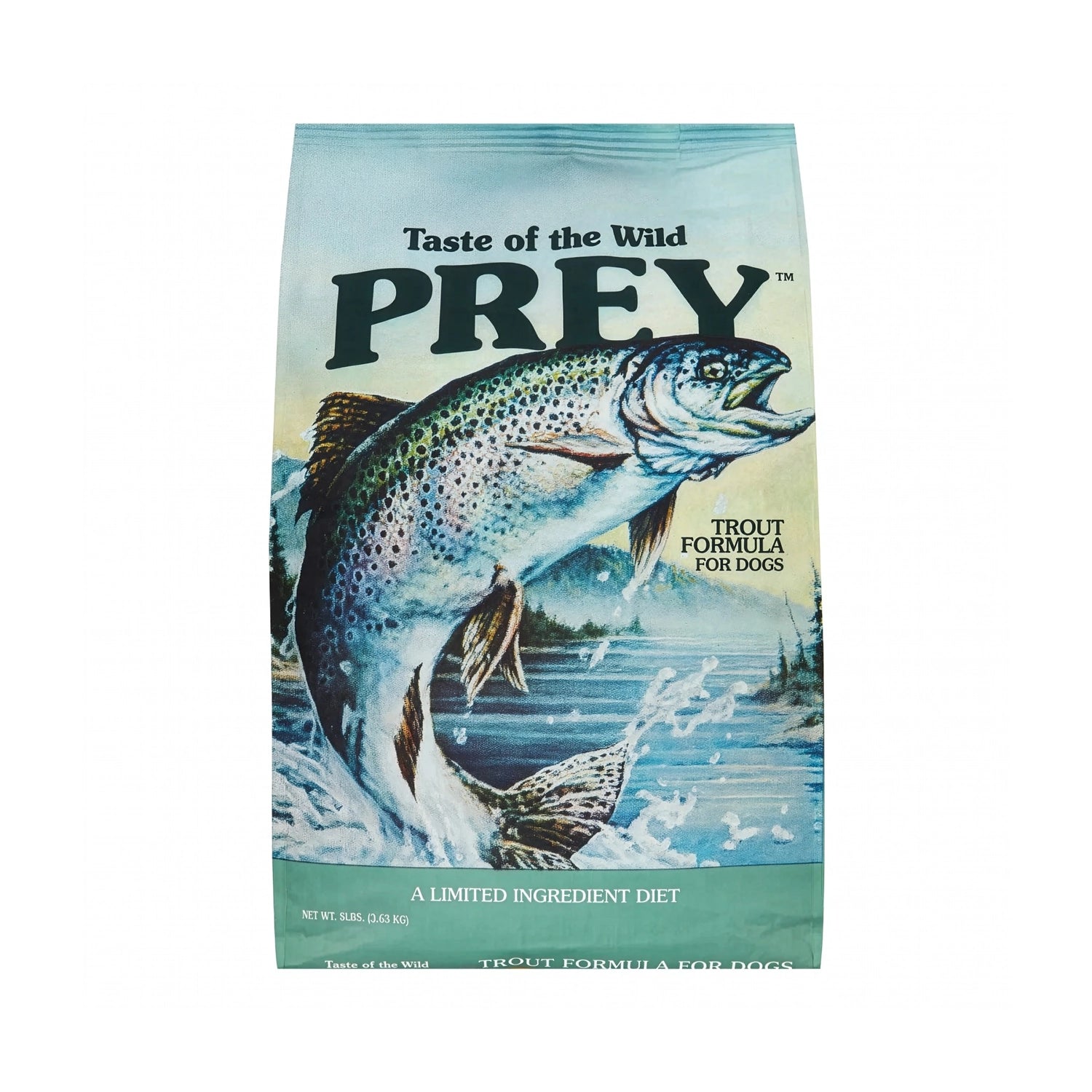 Taste of the Wild Prey Trucha para Perros en bolsa original con ilustración de una trucha saltando, alimento seco de ingredientes limitados.