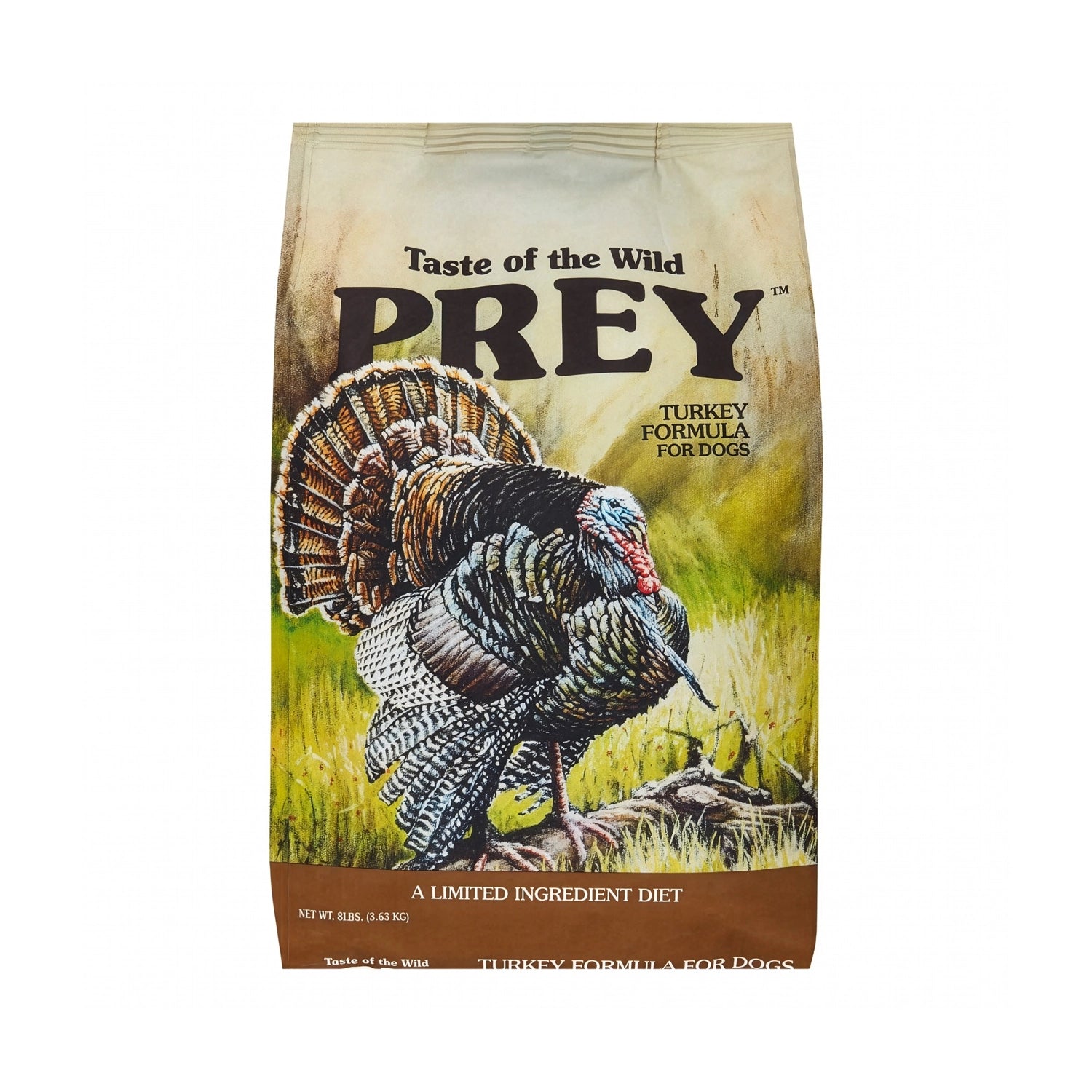 Taste of the Wild Prey Pavo para Perros en bolsa original con ilustración de un pavo silvestre, alimento seco con ingredientes limitados.