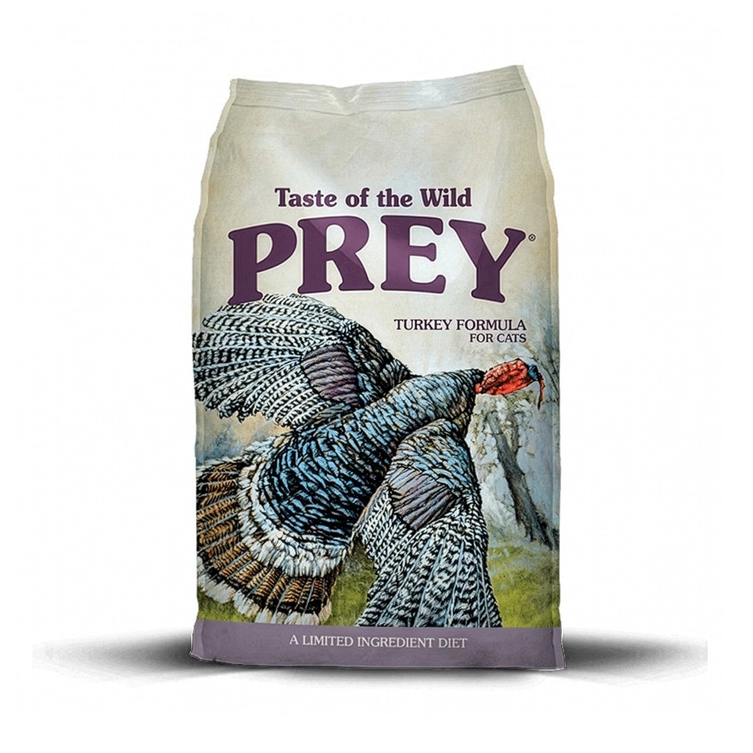 Taste of the Wild Prey Pavo para Gatos en bolsa original con ilustración de un pavo silvestre, alimento seco de ingredientes limitados.
