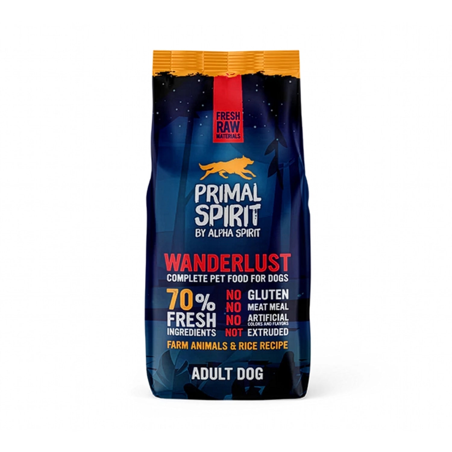Primal Spirit Wanderlust para Perros en bolsa original con diseño azul, receta con animales de granja y arroz para perros adultos.