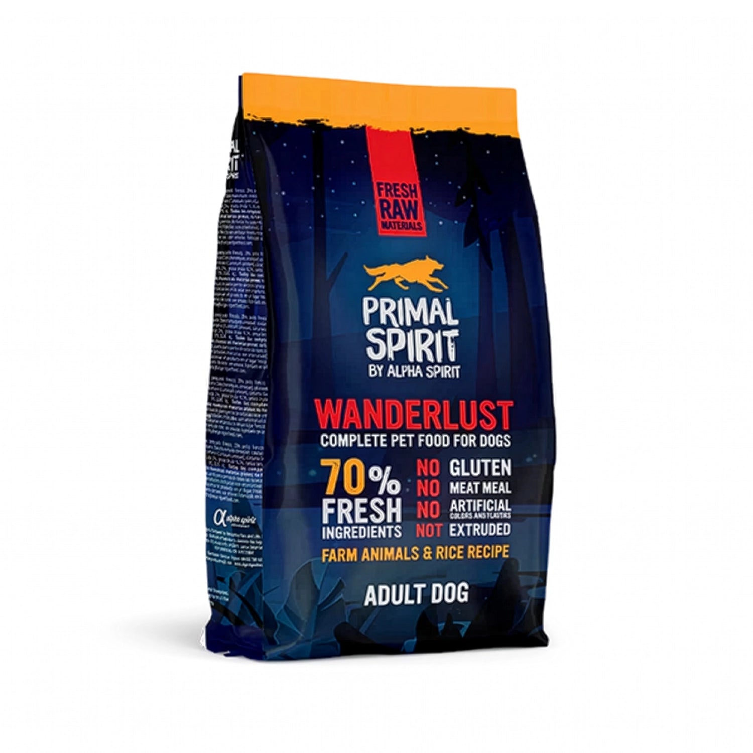 Primal Spirit Wanderlust para Perros en bolsa original con diseño azul, receta con animales de granja y arroz para perros adultos.