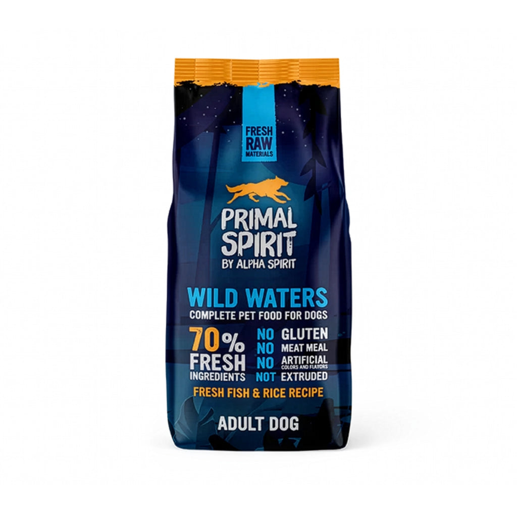 Primal Spirit Wild Waters para Perros en bolsa original con diseño azul, receta de pescado fresco y arroz para perros adultos.
