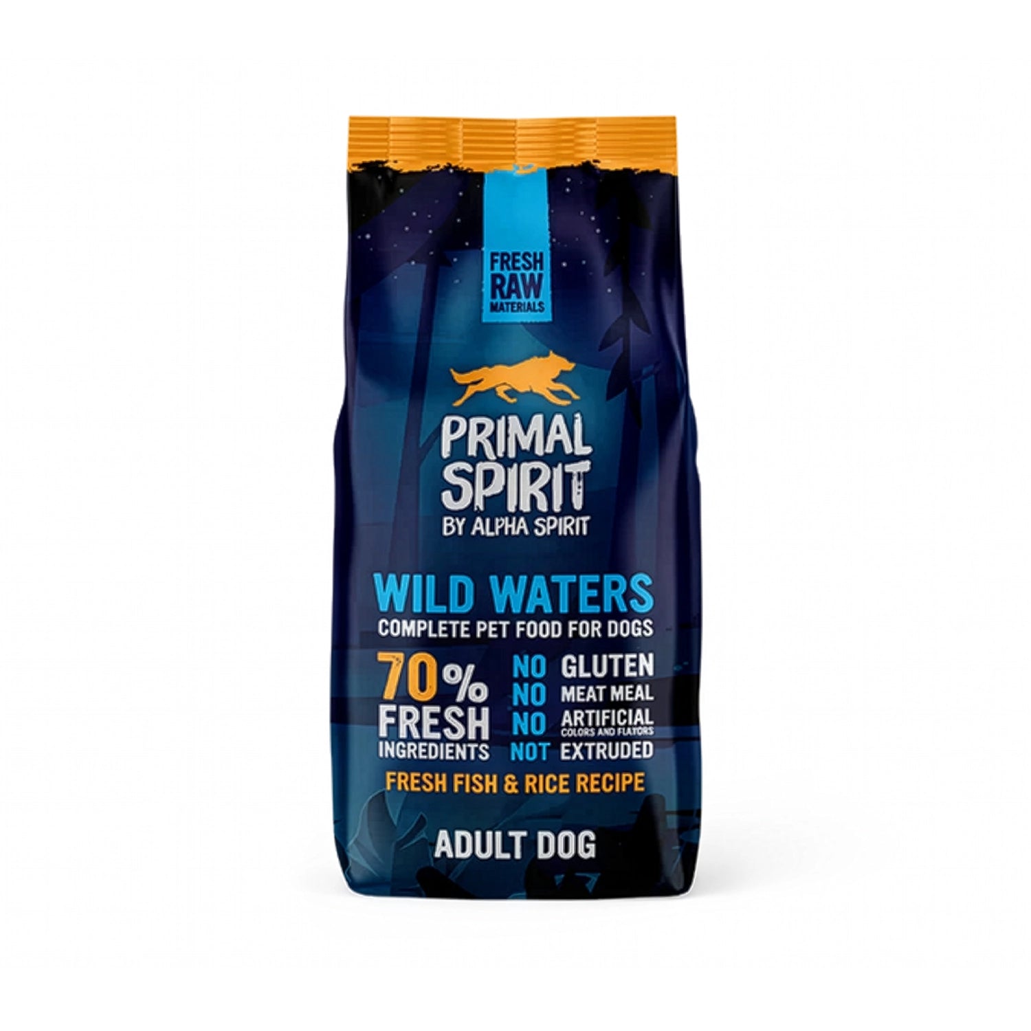 Primal Spirit Wild Waters para Perros en bolsa original con diseño azul, receta de pescado fresco y arroz para perros adultos.