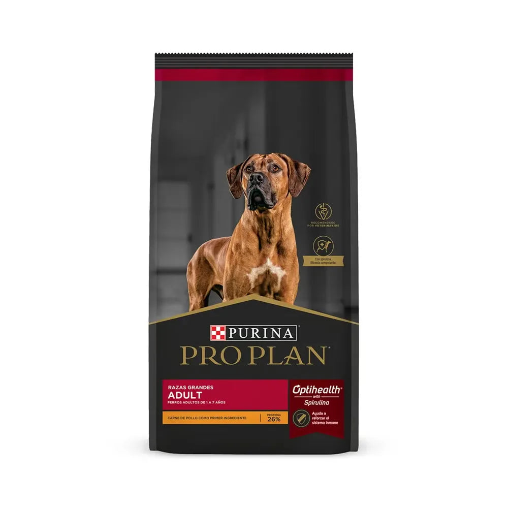 Bolsa de Pro Plan Perro Adulto Razas Grandes, alimento premium con pollo, diseño negro con imagen de perro y sello Optihealth.