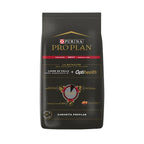 Bolsa de Pro Plan Perro Adulto Razas Grandes, alimento premium con pollo, diseño negro con imagen de perro y sello Optihealth.