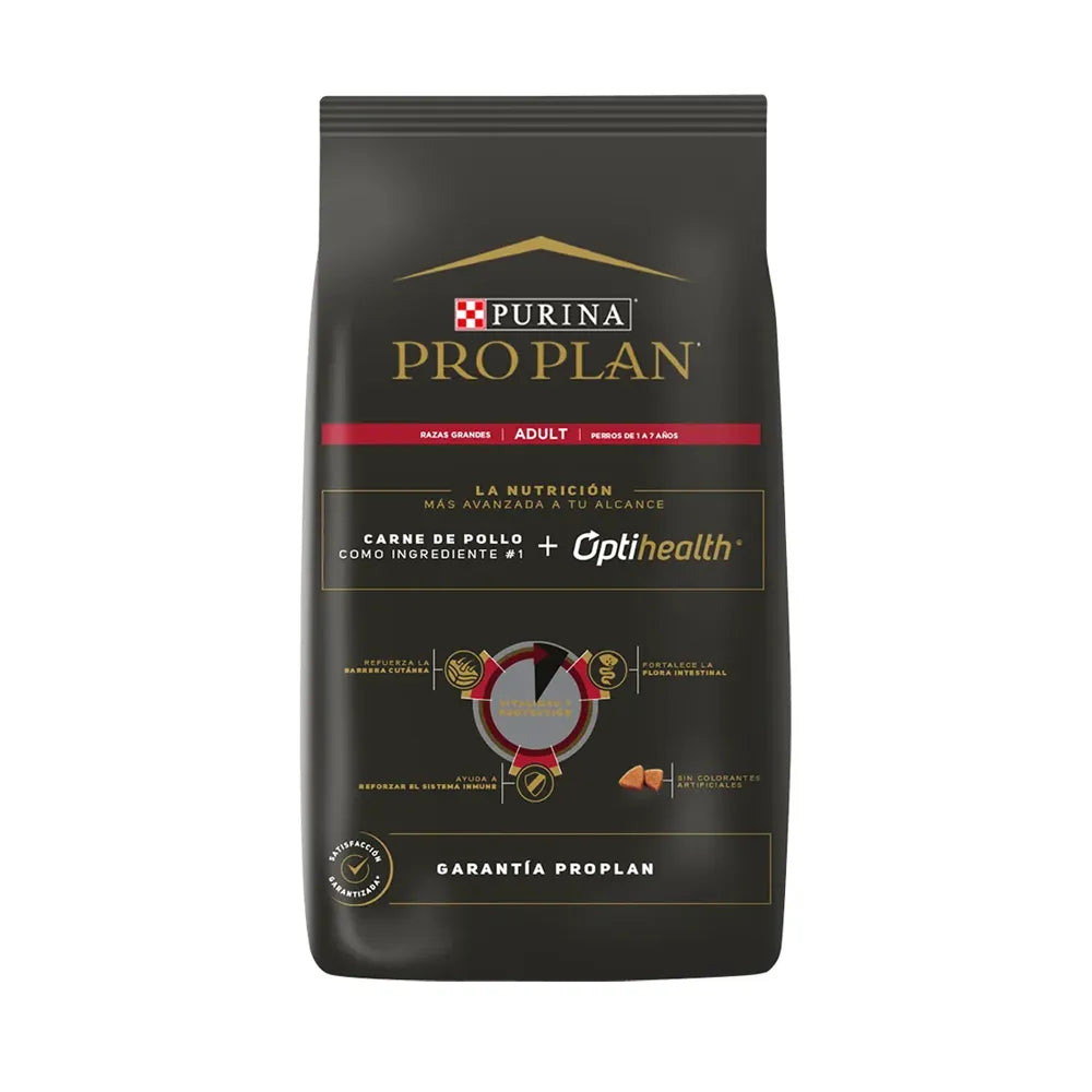 Bolsa de Pro Plan Perro Adulto Razas Grandes, alimento premium con pollo, diseño negro con imagen de perro y sello Optihealth.