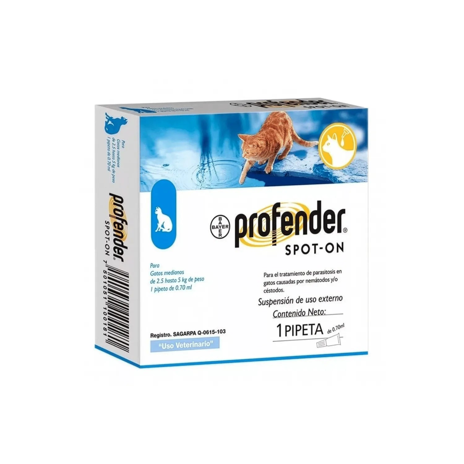 Antiparasitario PROFENDER Spot-On Gatos para felinos medianos, caja con pipeta externa Bayer para control de parásitos