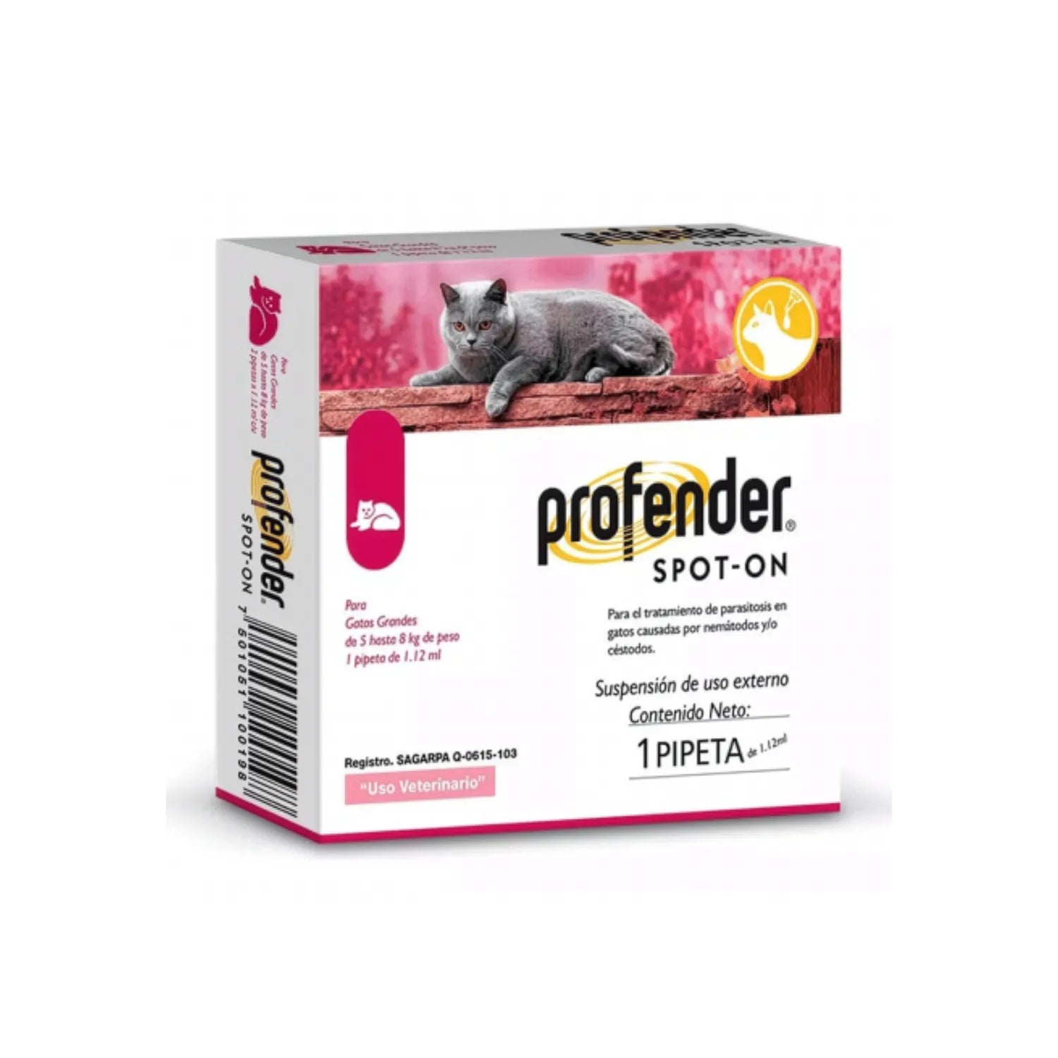 Antiparasitario PROFENDER Spot-On Gatos para felinos medianos, caja con pipeta externa Bayer para control de parásitos