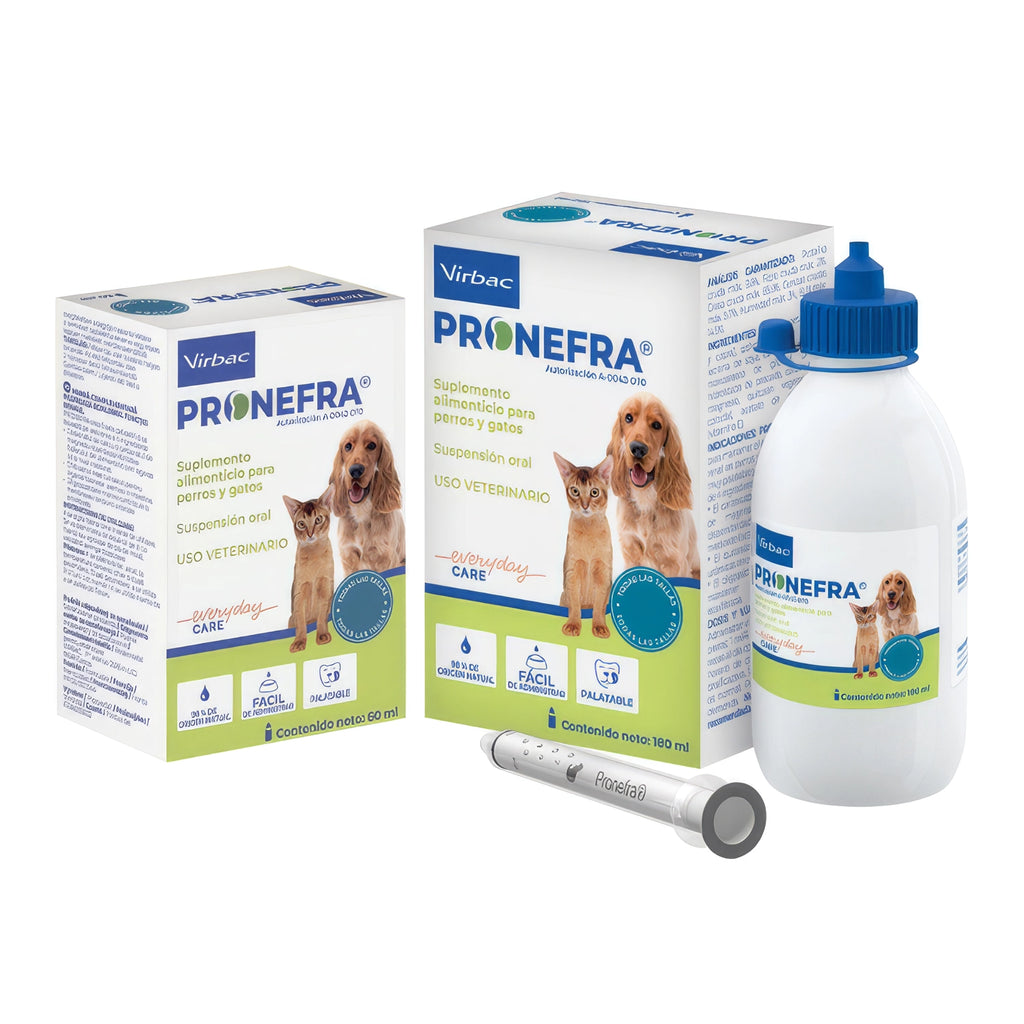 Pronefra Suplemento Alimenticio Virbac para perros y gatos, suspensión oral con imagen de perro y gato.