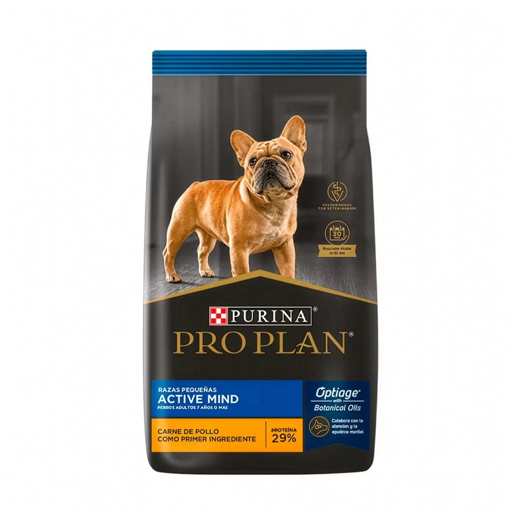 Pro Plan Active Mind Razas Pequeñas, alimento seco para perros senior con bulldog francés y pollo como ingrediente principal.