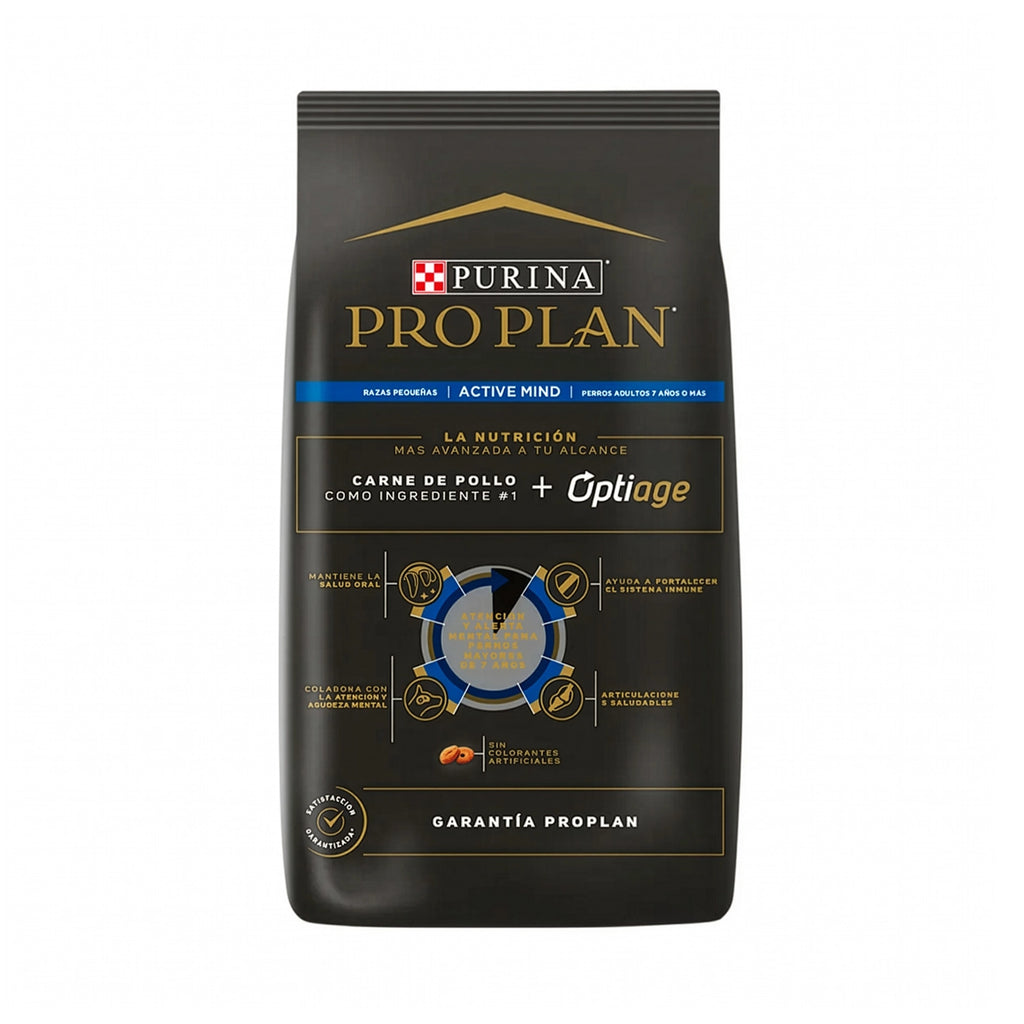 Pro Plan Active Mind Razas Pequeñas, alimento seco para perros senior con bulldog francés y pollo como ingrediente principal.