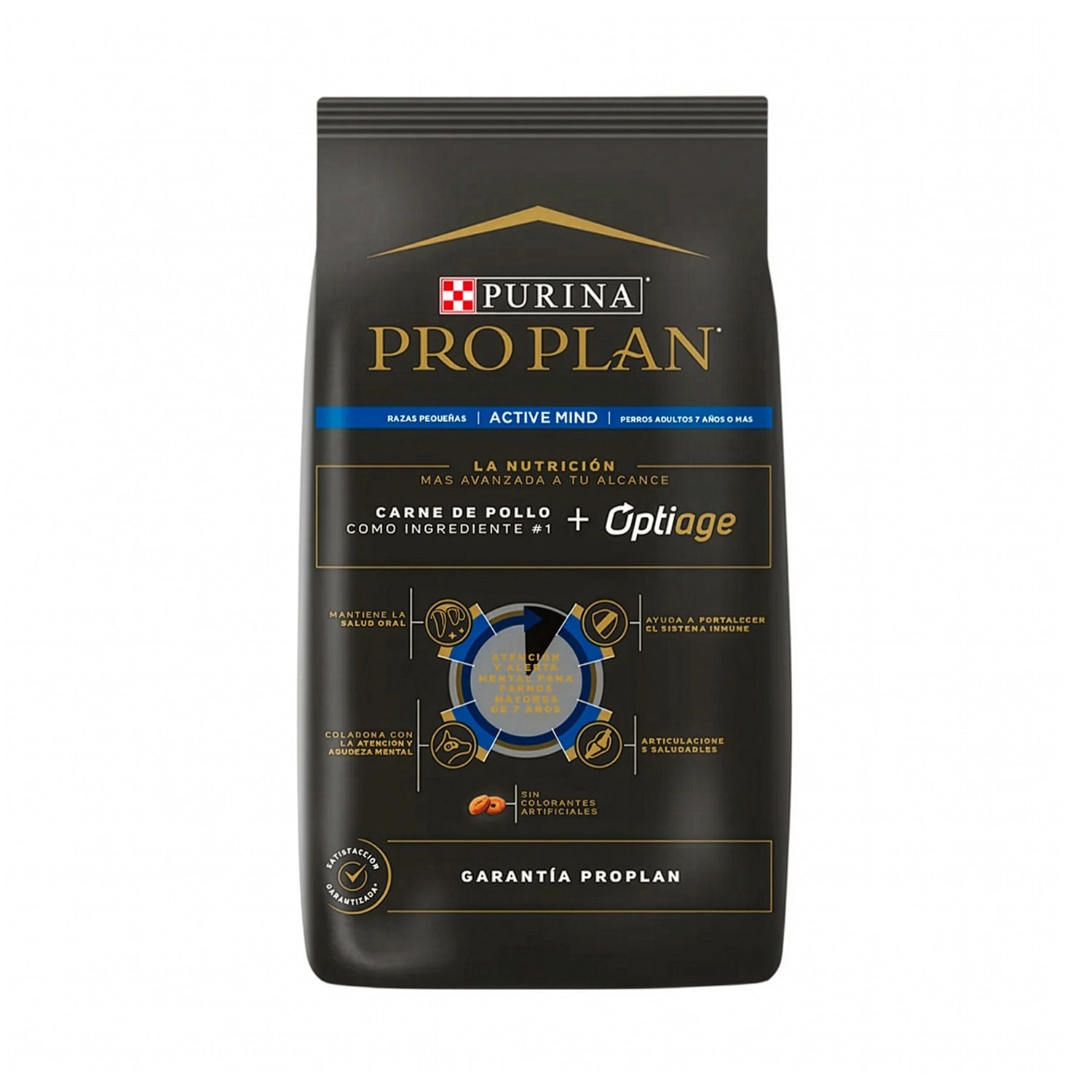 Pro Plan Active Mind Razas Pequeñas, alimento seco para perros senior con bulldog francés y pollo como ingrediente principal.