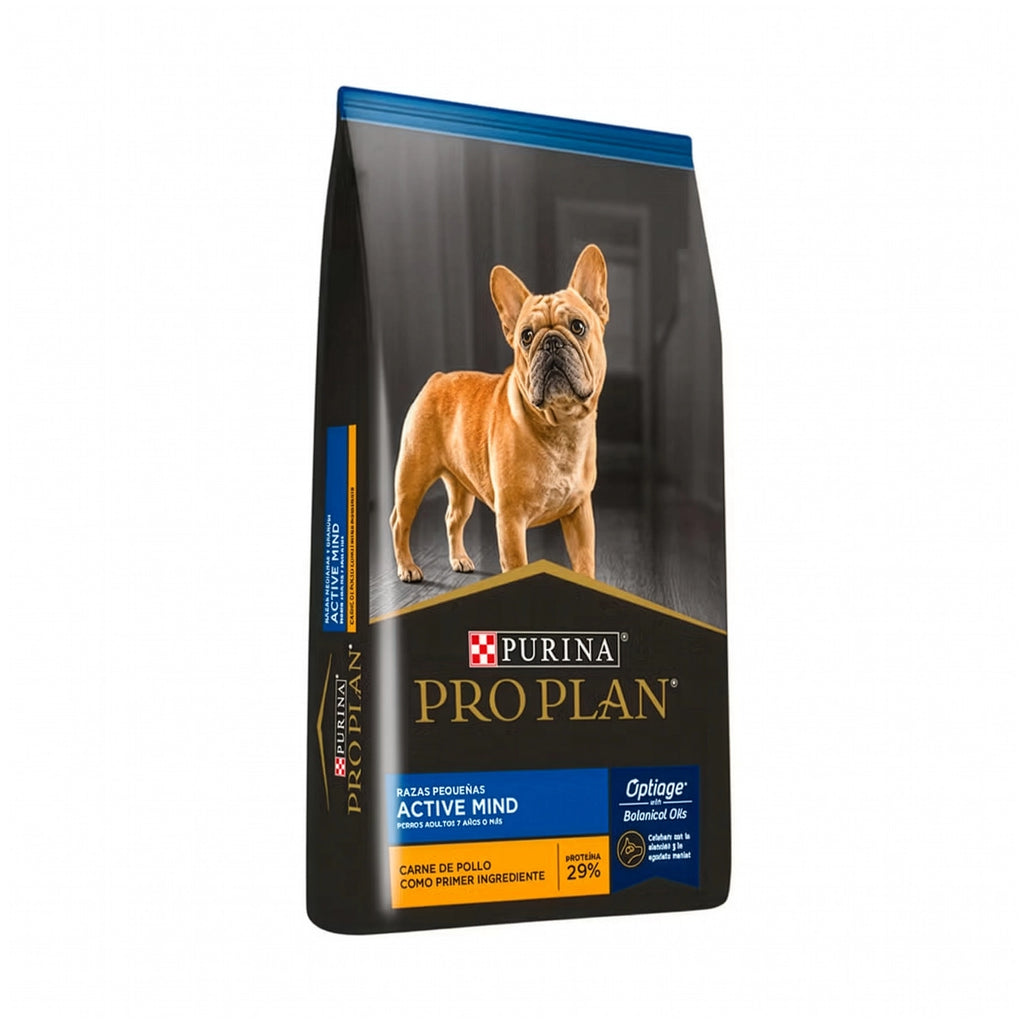 Pro Plan Active Mind Razas Pequeñas, alimento seco para perros senior con bulldog francés y pollo como ingrediente principal.