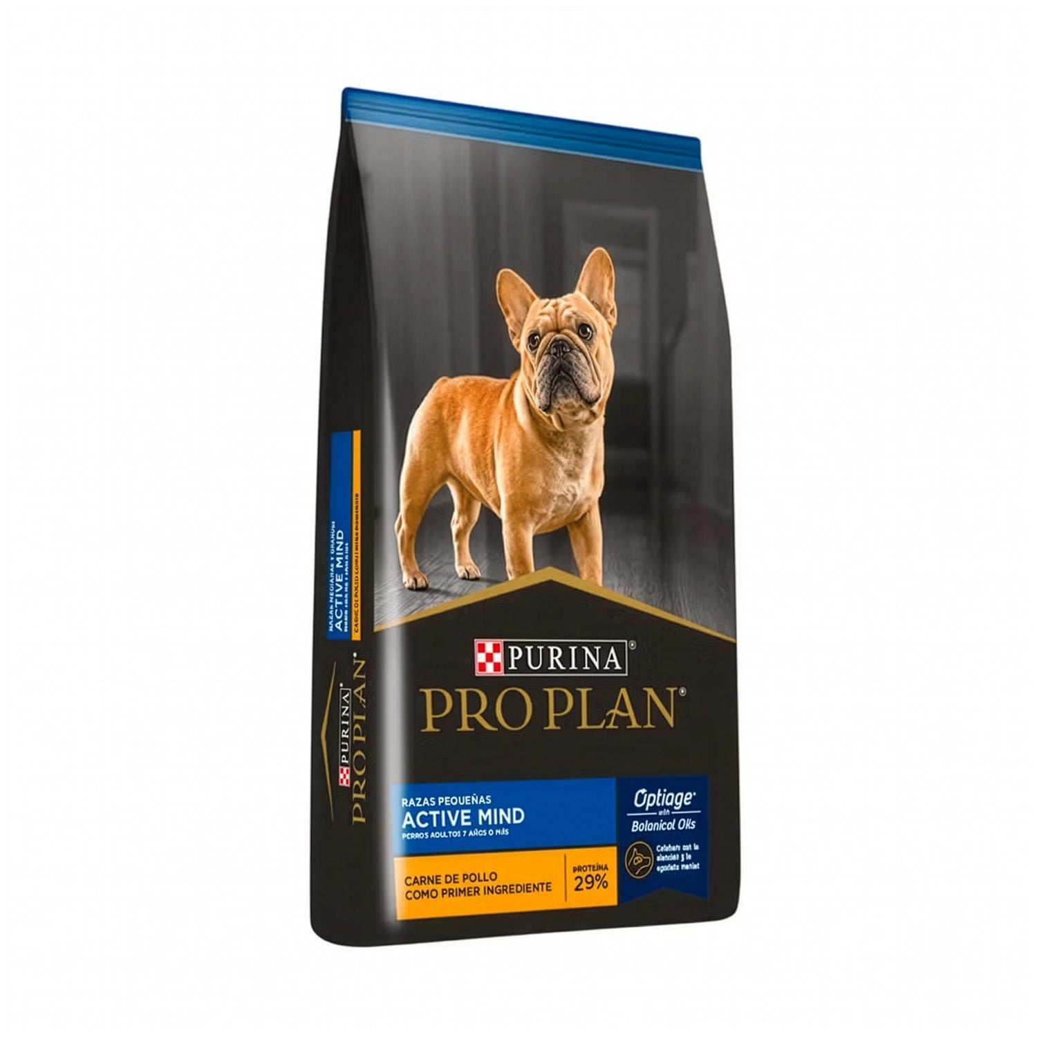 Pro Plan Active Mind Razas Pequeñas, alimento seco para perros senior con bulldog francés y pollo como ingrediente principal.