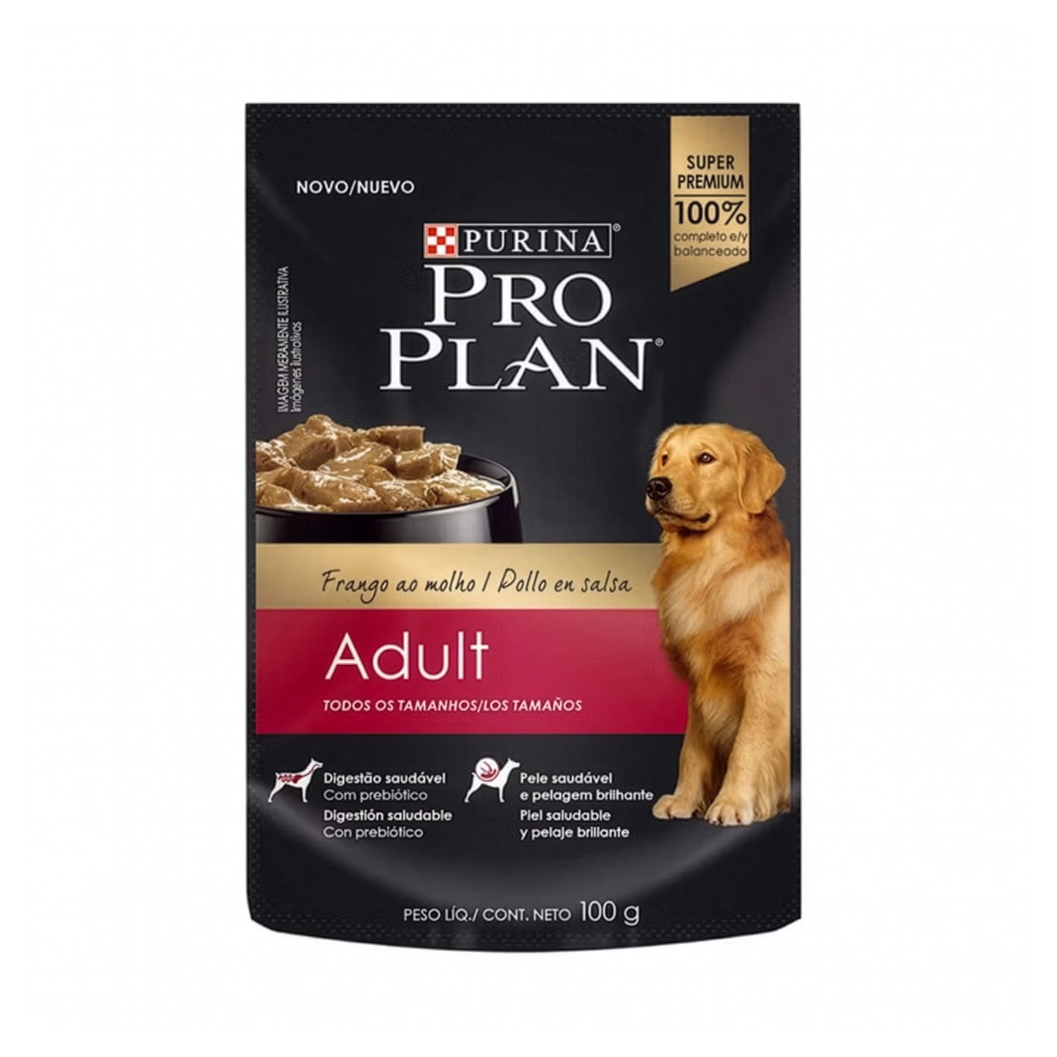 Pro Plan Pouch Carne para Perro Adulto con trozos en salsa, imagen de perro adulto y envase húmedo individual.