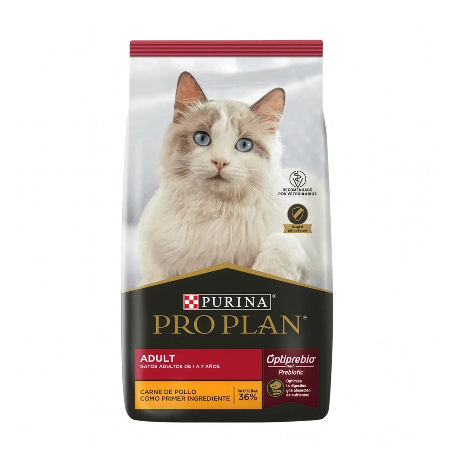 Pro Plan Gatos Adultos con pollo como primer ingrediente, alimento seco para gatos adultos en bolsa con imagen de gato blanco.
