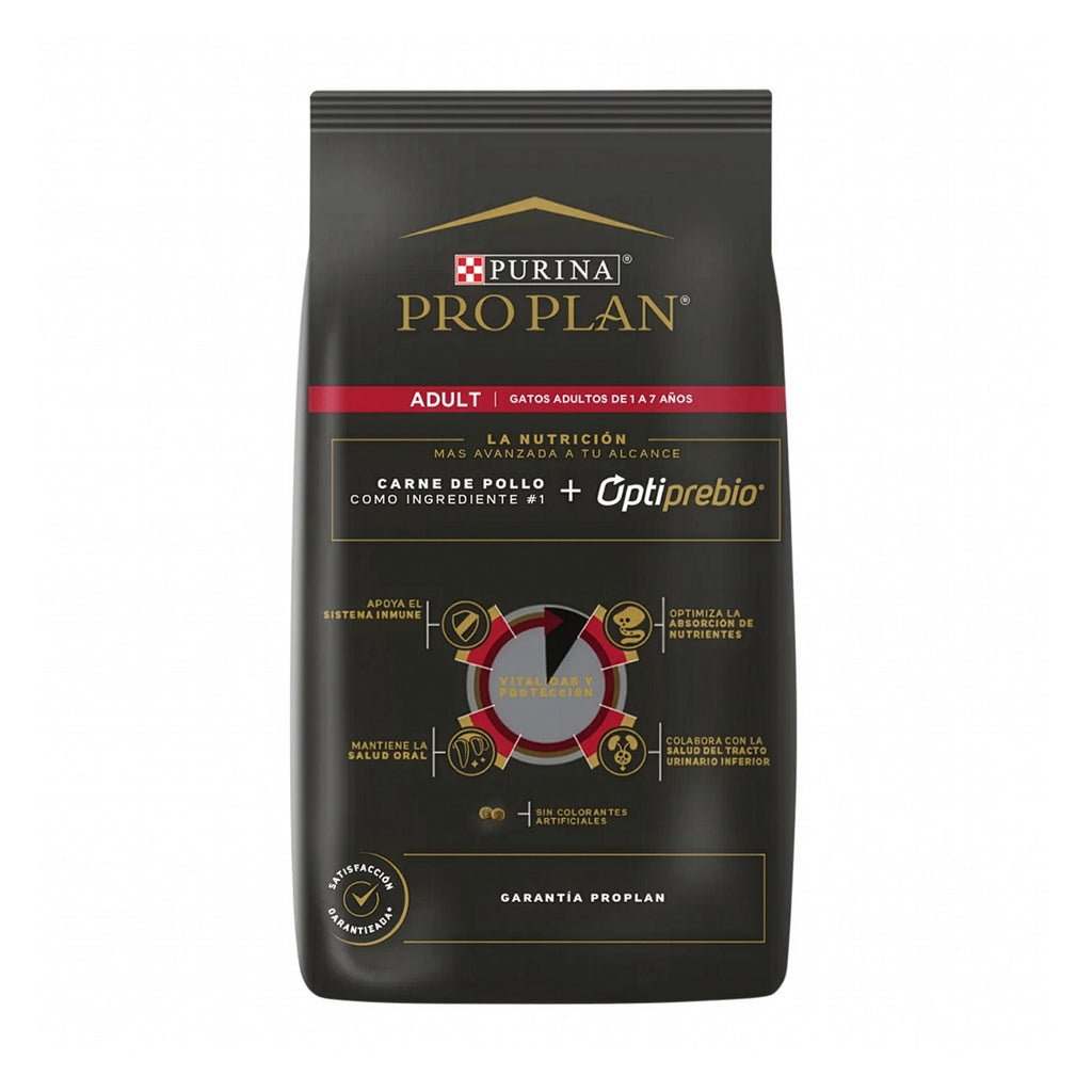 Pro Plan Gatos Adultos con pollo como primer ingrediente, alimento seco para gatos adultos en bolsa con imagen de gato blanco.