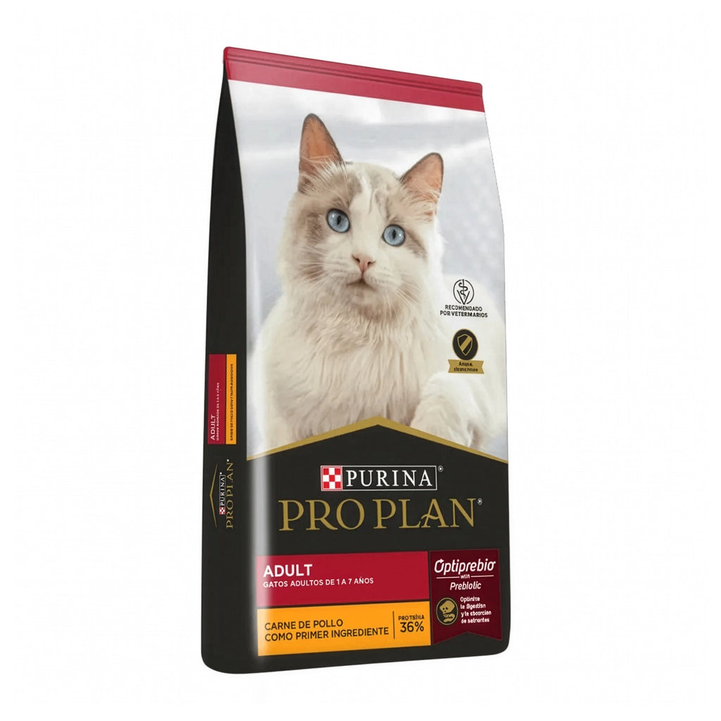 Pro Plan Gatos Adultos con pollo como primer ingrediente, alimento seco para gatos adultos en bolsa con imagen de gato blanco.