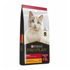 Pro Plan Gatos Adultos con pollo como primer ingrediente, alimento seco para gatos adultos en bolsa con imagen de gato blanco.