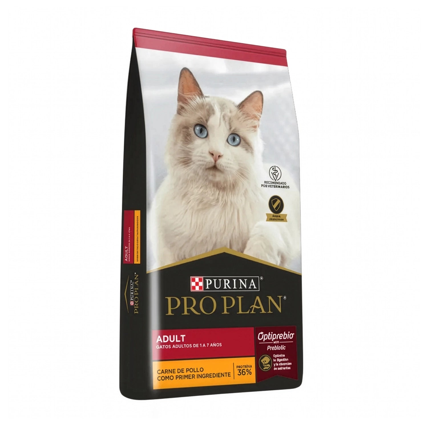 Pro Plan Gatos Adultos con pollo como primer ingrediente, alimento seco para gatos adultos en bolsa con imagen de gato blanco.