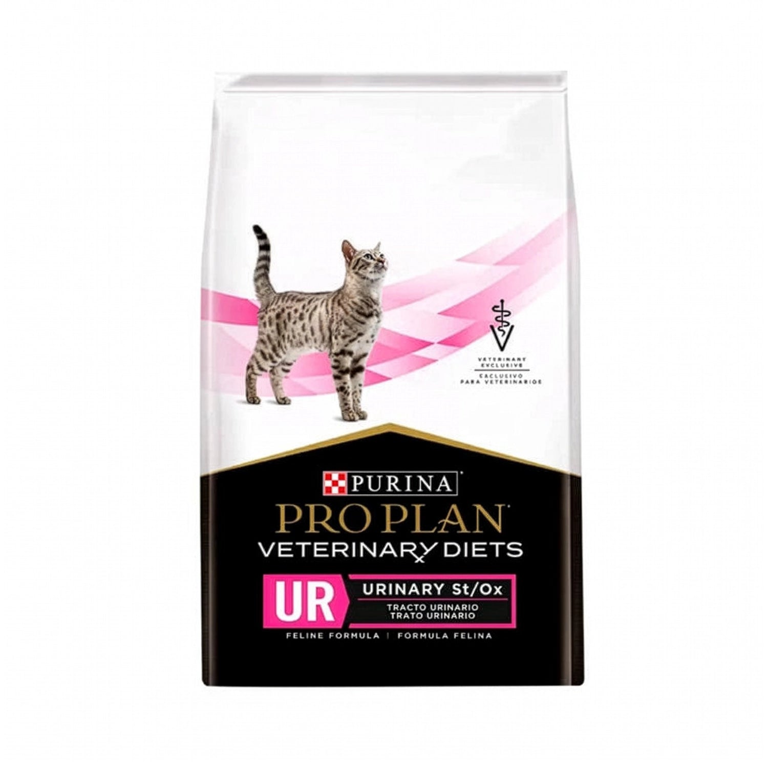 Pro Plan Veterinary Diets Feline UR en bolsa para gatos, con imagen de gato atigrado y fórmula especializada para el tracto urinario.