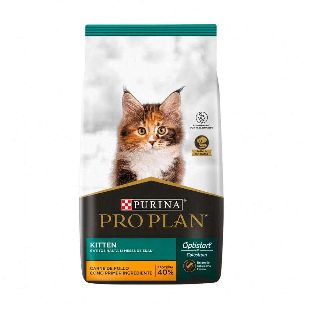 Pro Plan para Gatitos Optistart, bolsa de alimento seco con gatito en portada, pollo como primer ingrediente y 40% proteína.