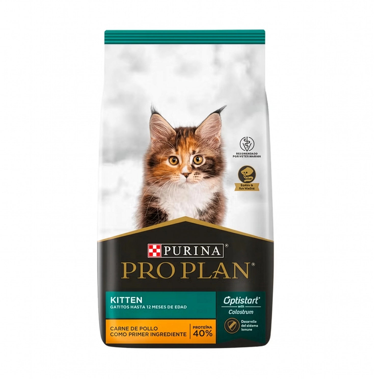 Pro Plan para Gatitos Optistart, bolsa de alimento seco con gatito en portada, pollo como primer ingrediente y 40% proteína.
