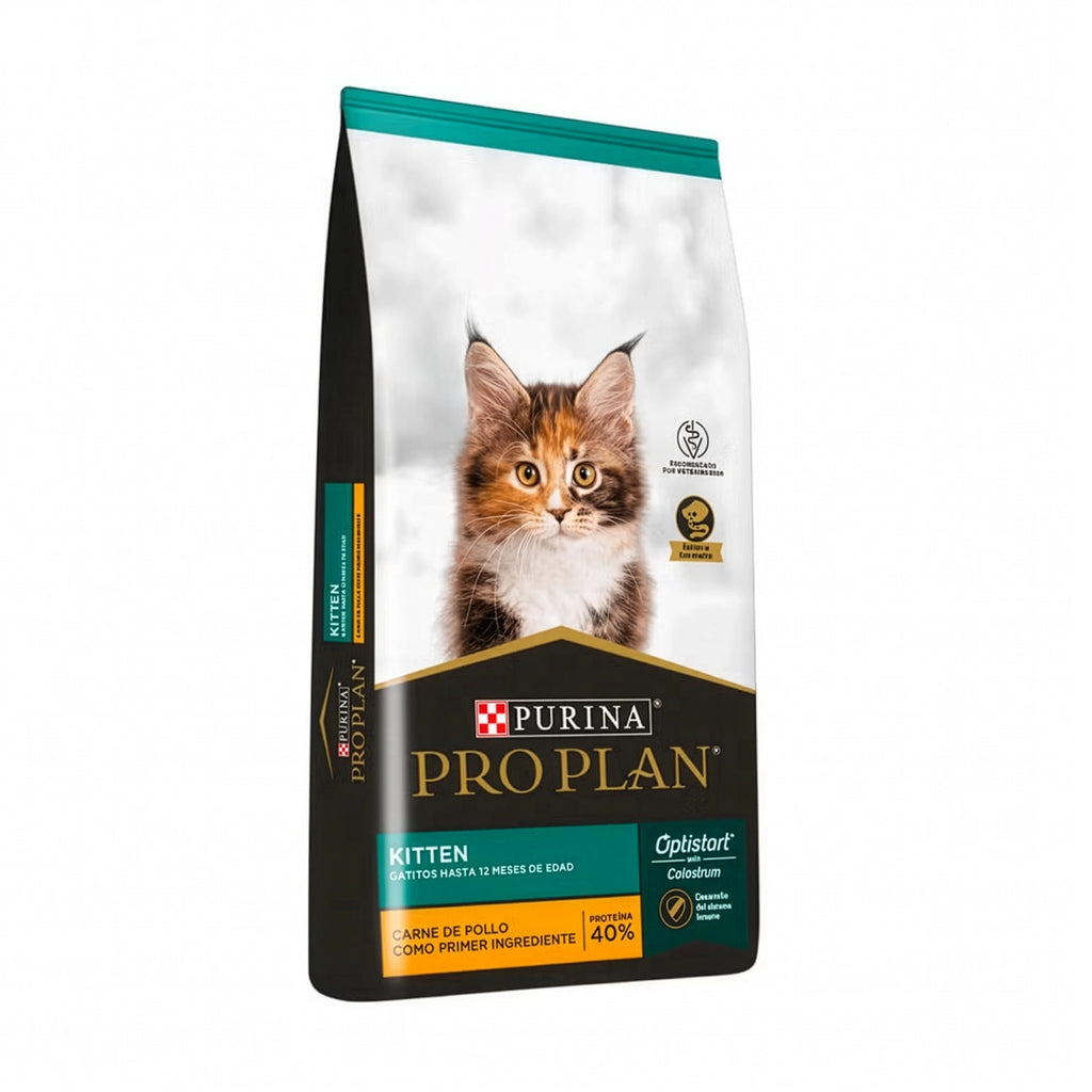 Pro Plan para Gatitos Optistart, bolsa de alimento seco con gatito en portada, pollo como primer ingrediente y 40% proteína.