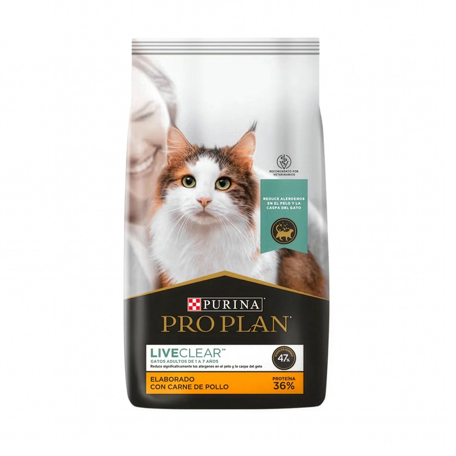 Pro Plan Gato Adulto Live Clear en bolsa con imagen de gato adulto, fórmula con pollo que ayuda a reducir alérgenos.