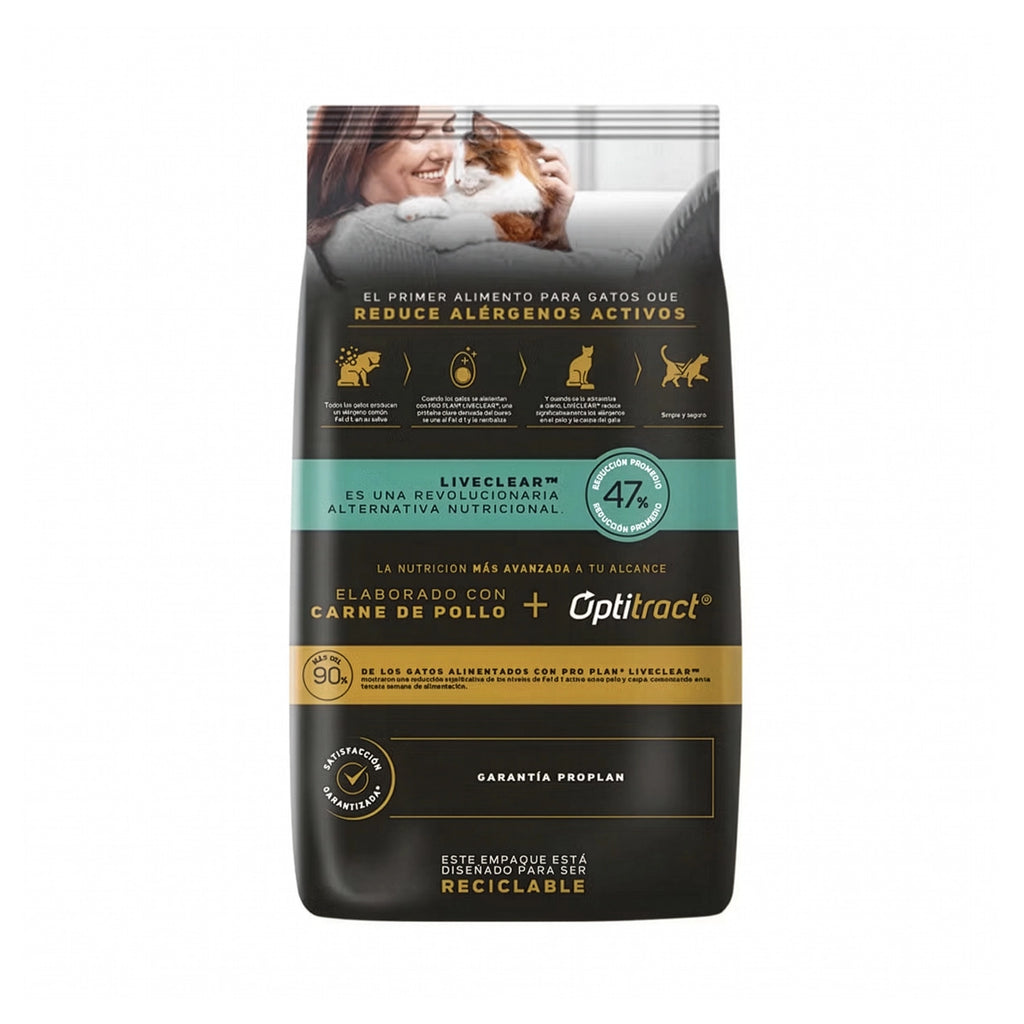Pro Plan Gato Adulto Live Clear en bolsa con imagen de gato adulto, fórmula con pollo que ayuda a reducir alérgenos.