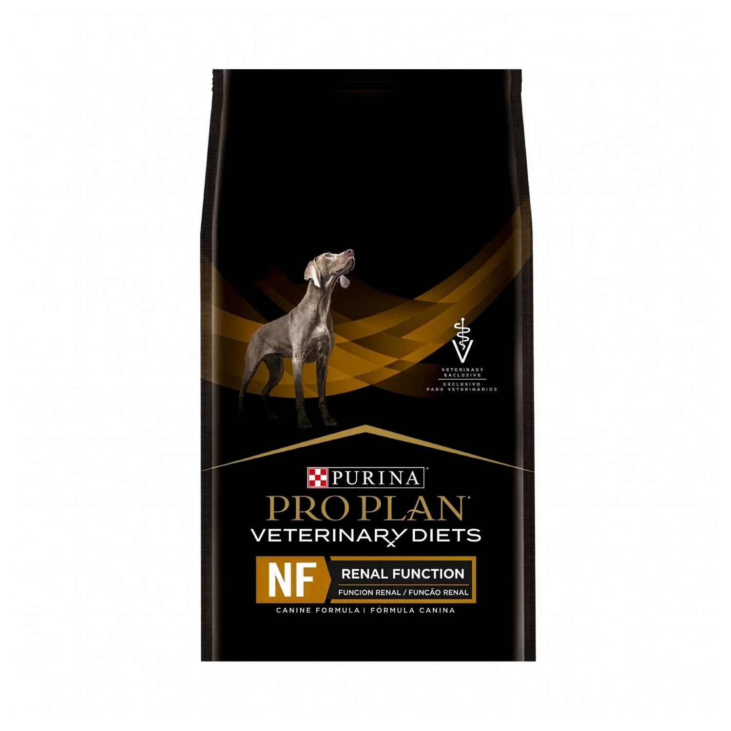 Pro Plan Veterinary Diets NF "Función Renal" para perros, saco de alimento veterinario con diseño negro e imagen de perro.