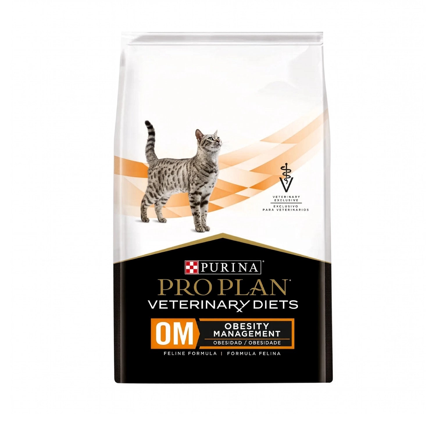 Pro Plan Veterinary Diets Gatos OM Obesidad 1,5 Kg en bolsa con gato atigrado y fórmula veterinaria para control de peso.