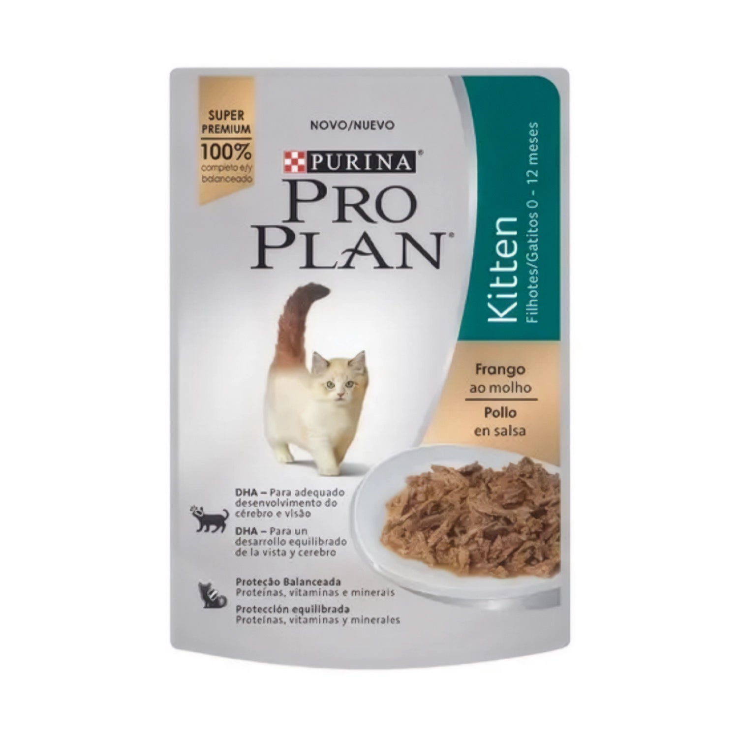 Pro plan Pouch Kitten Pollo para Gatitos con imagen de gatito, trozos de pollo en salsa y nutrición completa para crecimiento.