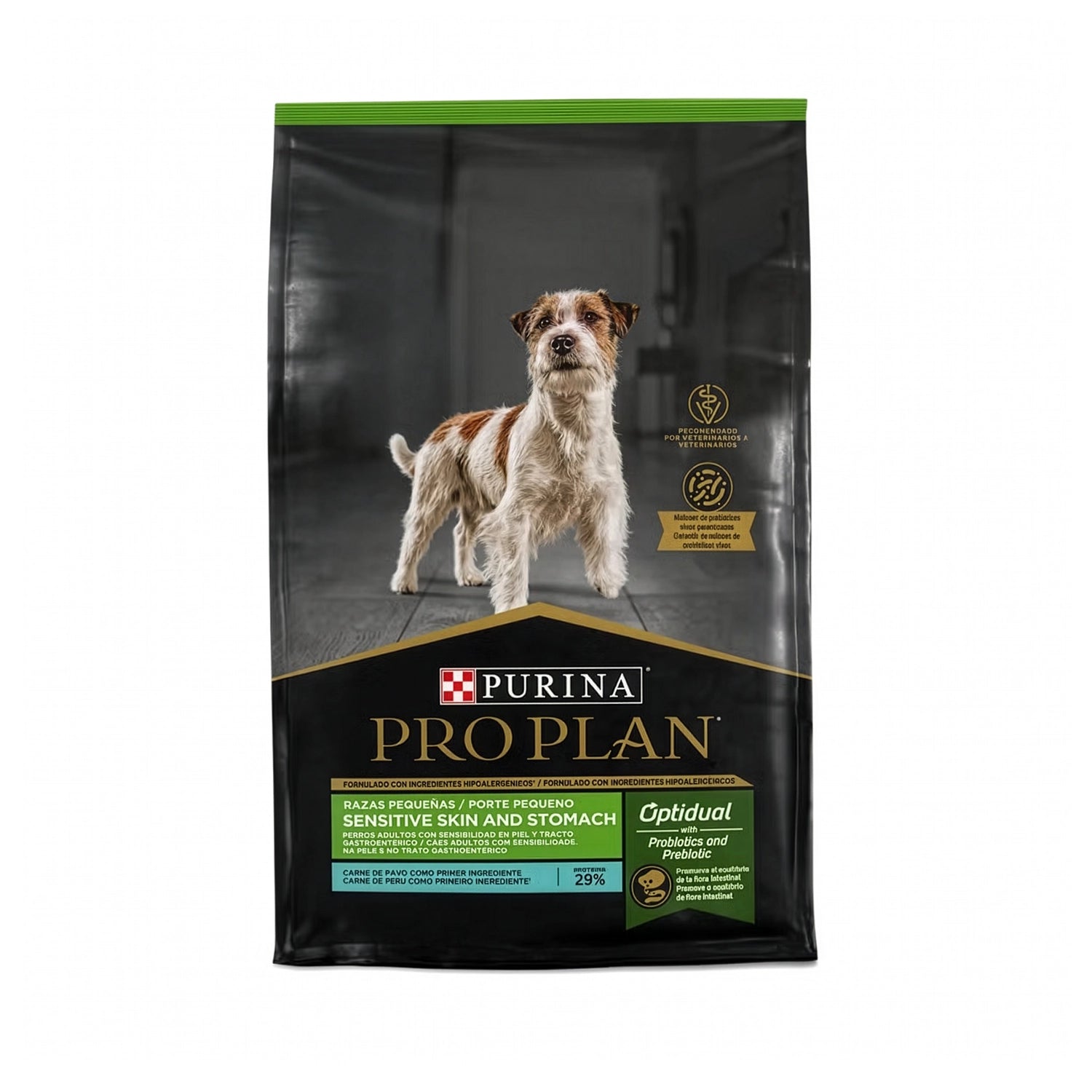 Pro Plan Sensitive Skin & Stomach para Perros Razas Pequeñas, bolsa con perro pequeño y fórmula con pavo y probióticos.