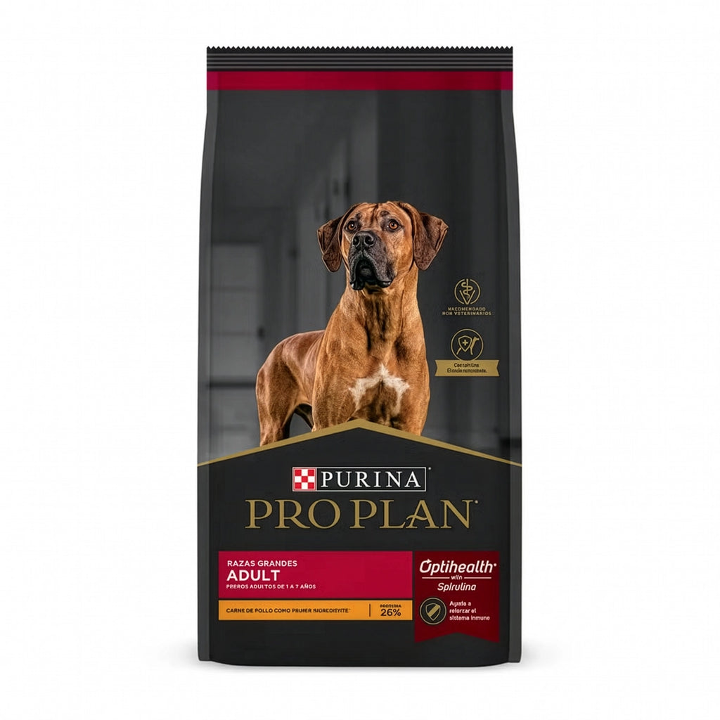 Pro Plan Perro Adulto Razas Grandes en bolsa con pollo como ingrediente principal e imagen de perro adulto de raza grande.