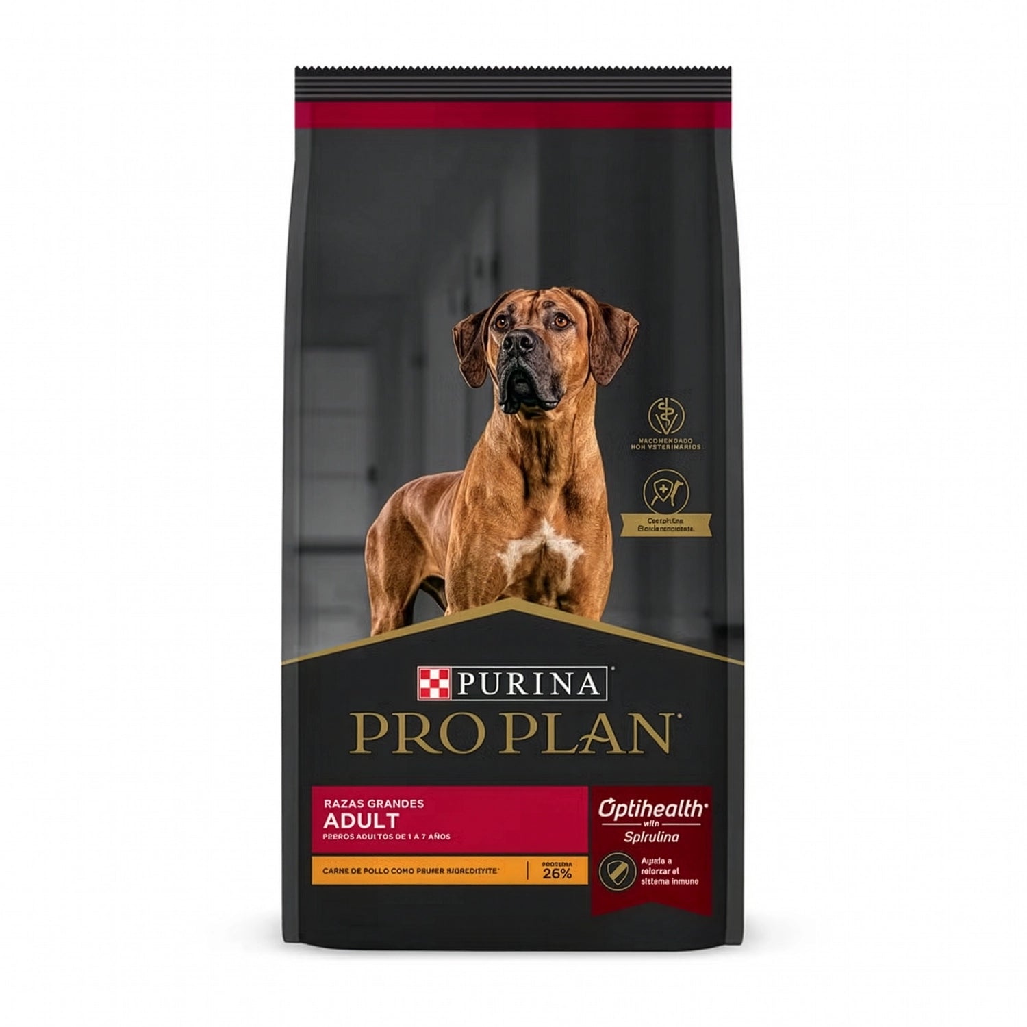 Pro Plan Perro Adulto Razas Grandes en bolsa con pollo como ingrediente principal e imagen de perro adulto de raza grande.