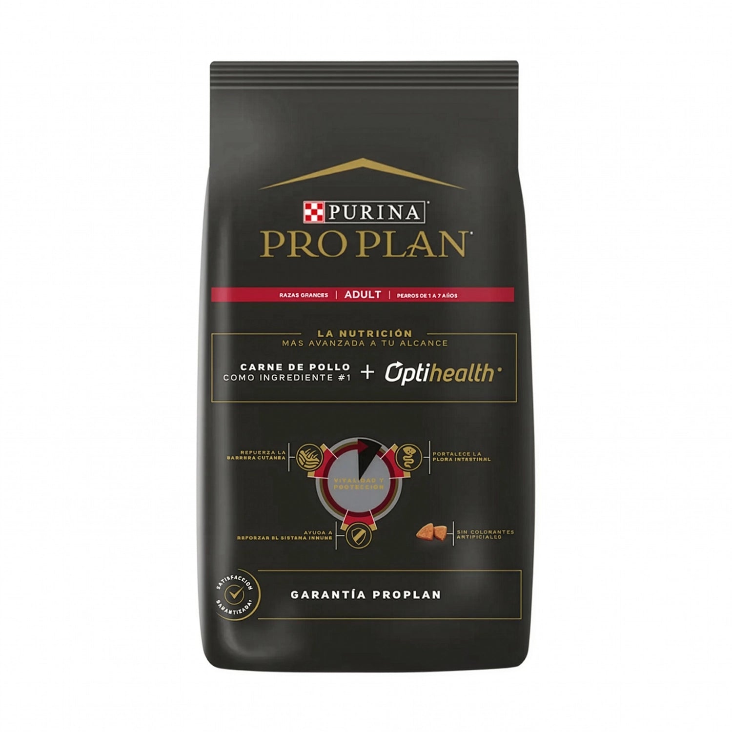 Pro Plan Perro Adulto Razas Grandes en bolsa con pollo como ingrediente principal e imagen de perro adulto de raza grande.