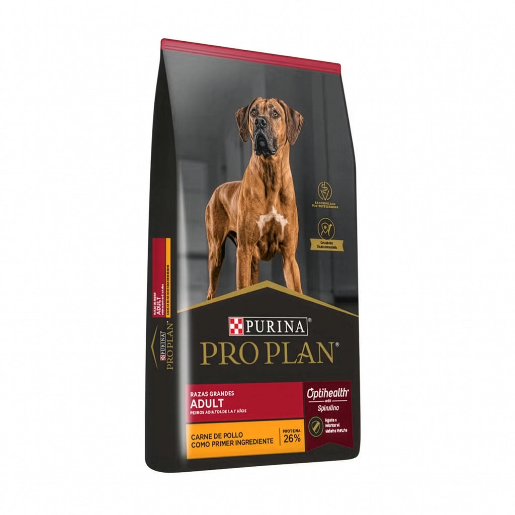 Pro Plan Perro Adulto Razas Grandes en bolsa con pollo como ingrediente principal e imagen de perro adulto de raza grande.
