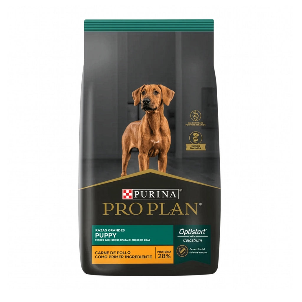 Pro Plan para Cachorros Razas Grandes en bolsa con perro cachorro de raza grande, pollo como primer ingrediente y Optistart.