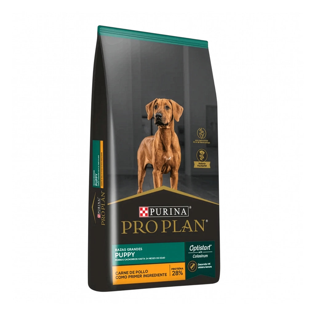 Pro Plan para Cachorros Razas Grandes en bolsa con perro cachorro de raza grande, pollo como primer ingrediente y Optistart.