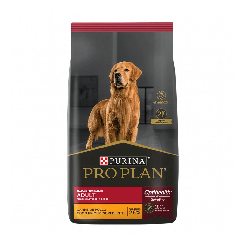 Pro Plan Perro Adulto Razas Medianas, alimento seco para perros adultos con golden retriever y pollo como ingrediente principal.