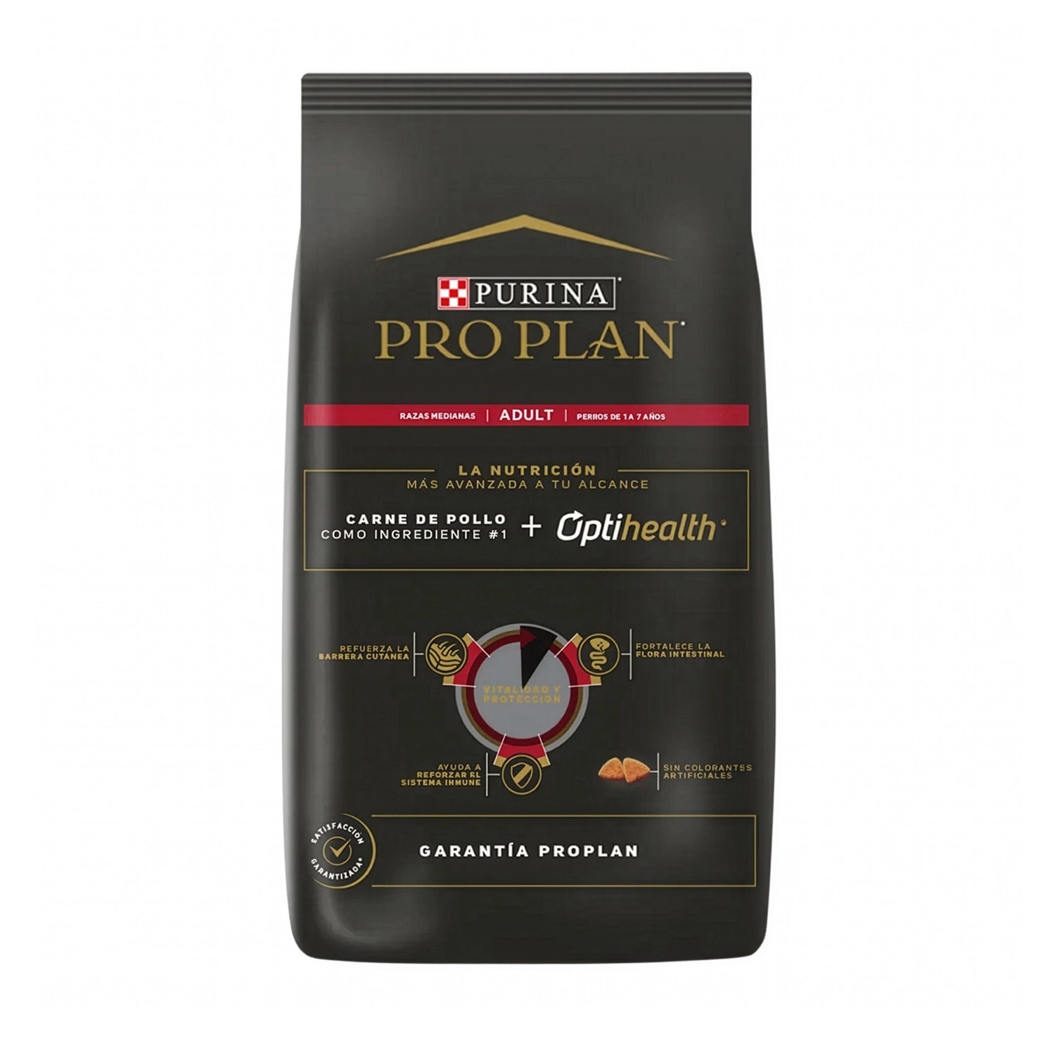 Pro Plan Perro Adulto Razas Medianas, alimento seco para perros adultos con golden retriever y pollo como ingrediente principal.