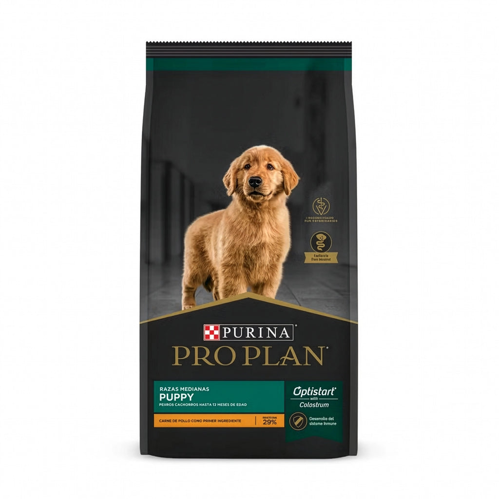 Pro Plan para Cachorros Raza Mediana en bolsa de alimento seco, con cachorro de raza mediana y fórmula Optistart con calostro.