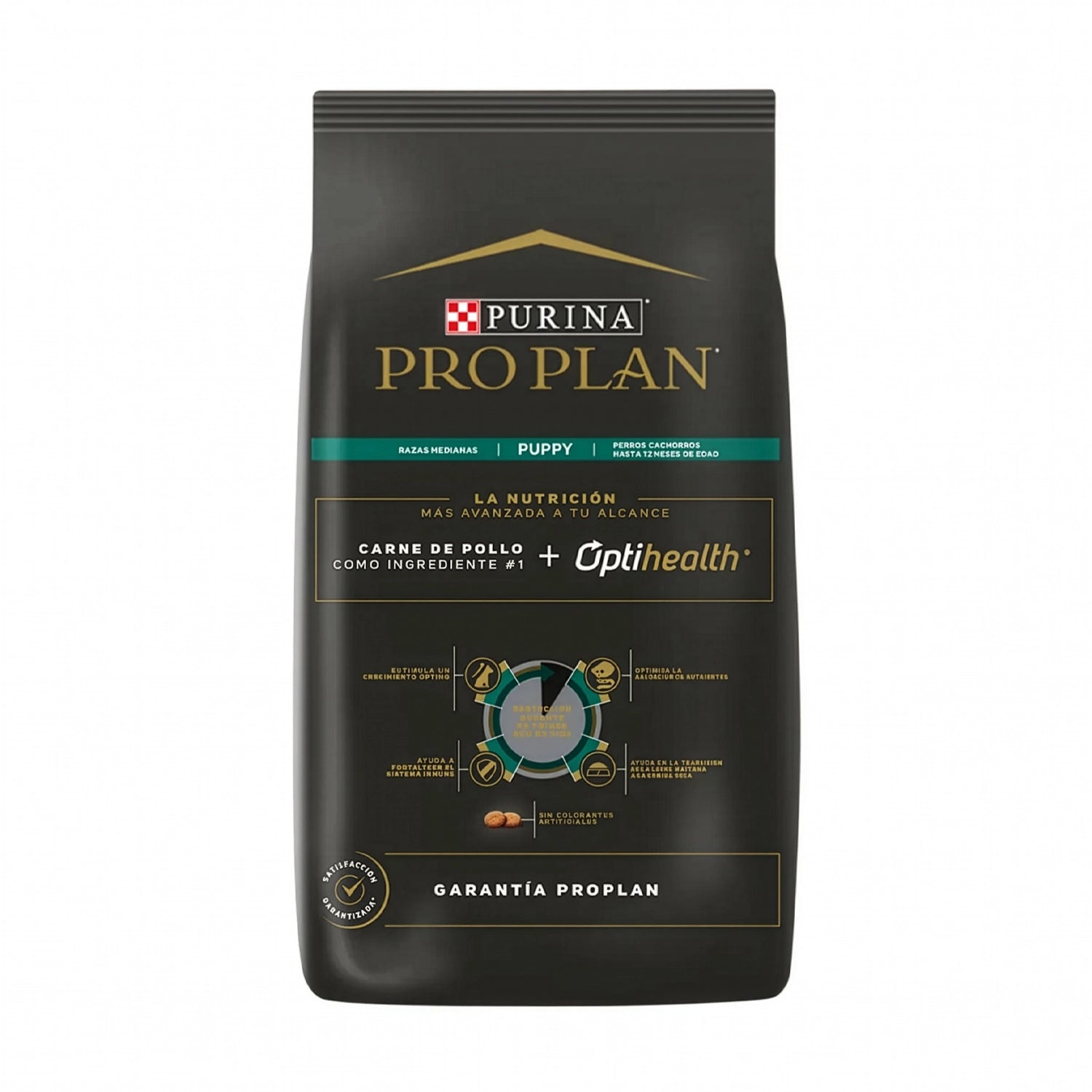 Pro Plan para Cachorros Raza Mediana en bolsa de alimento seco, con cachorro de raza mediana y fórmula Optistart con calostro.
