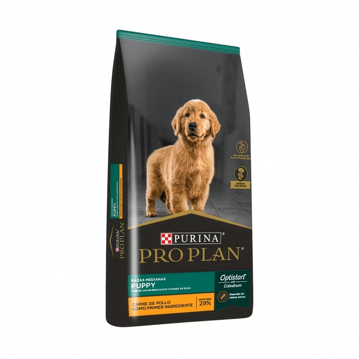 Pro Plan para Cachorros Raza Mediana en bolsa de alimento seco, con cachorro de raza mediana y fórmula Optistart con calostro.