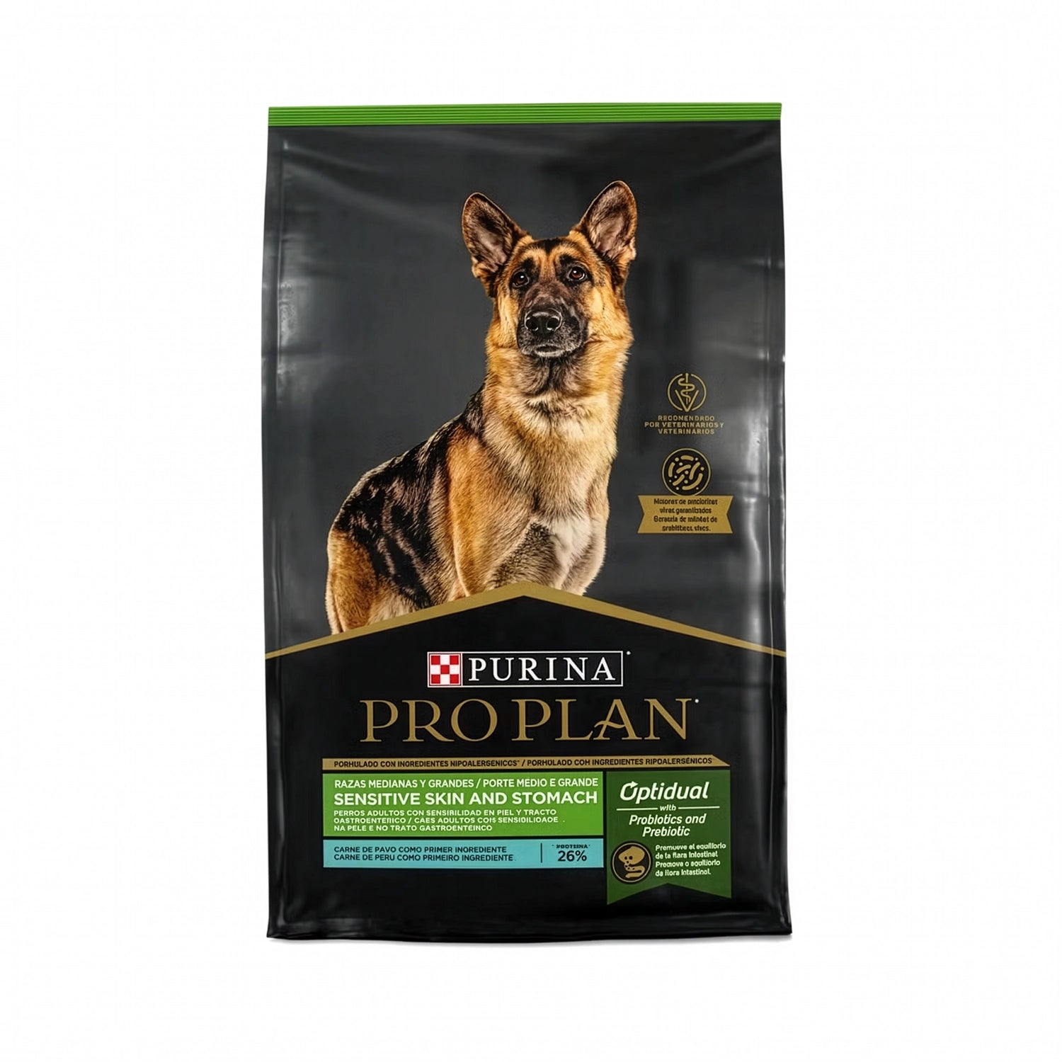 Pro Plan Sensitive Skin & Stomach para Perros Razas Medianas y Grandes, bolsa con pastor alemán y fórmula con pavo.