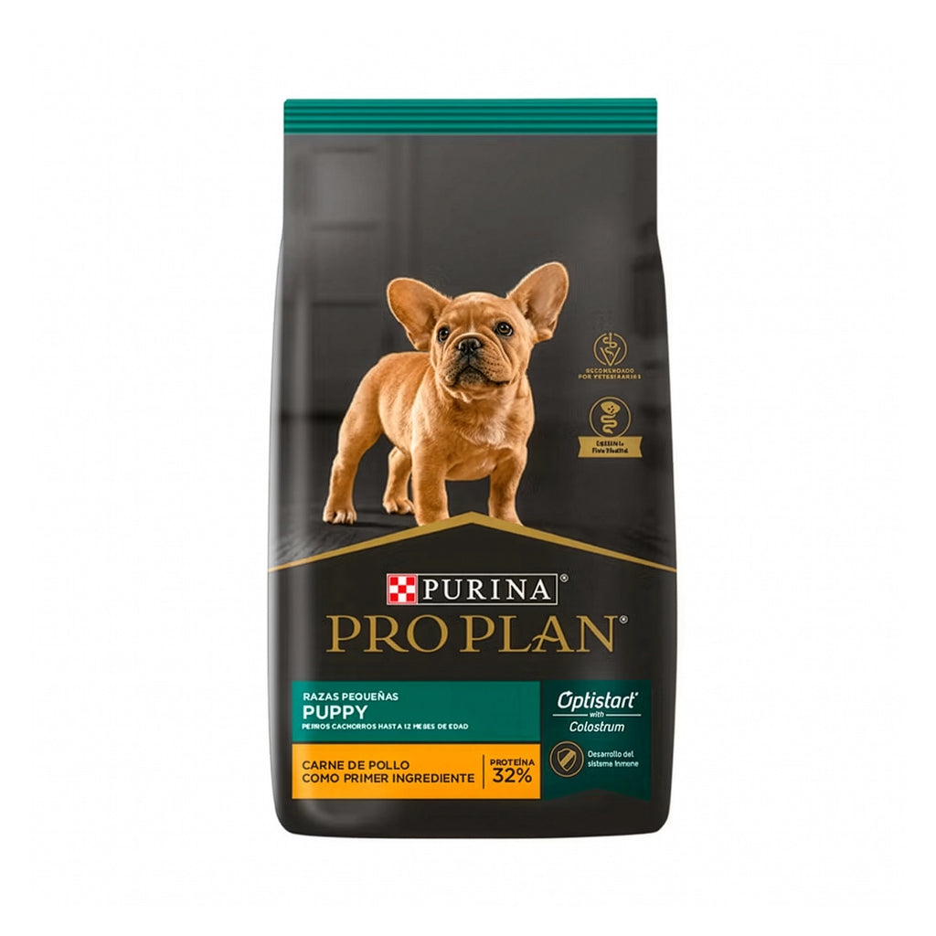 Pro Plan para Cachorros Razas Pequeñas en bolsa de alimento seco, con cachorro de raza pequeña y fórmula Optistart.